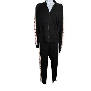 Lauren Moshi Women's black Two Piece Sweatshirt Sweatpant Outfit lip trim Medium